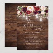 Invitation Bourgogne Rustique Bois Floral Lumières Mariage (Devant / Derrière)