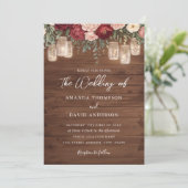 Invitation Bourgogne Rustique Bois Floral Lumières Mariage (Debout devant)