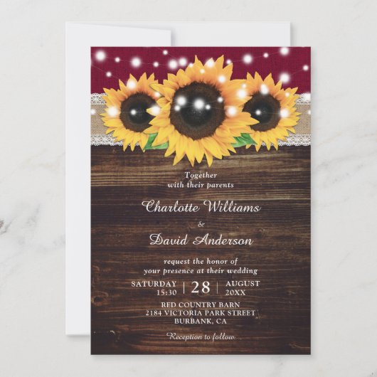 Invitation Bourgogne Rustique Burlap et Mariage de tournesol (Devant)