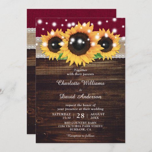 Invitation Bourgogne Rustique Burlap et Mariage de tournesol (Devant / Derrière)