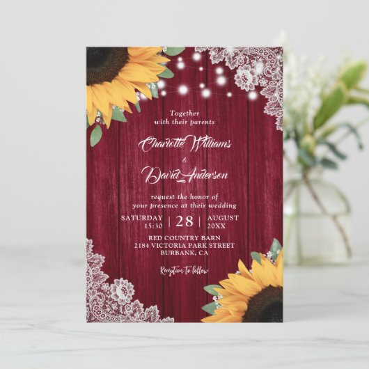 Invitation Bourgogne rustique et mariage de tournesol Invitat (Debout devant)