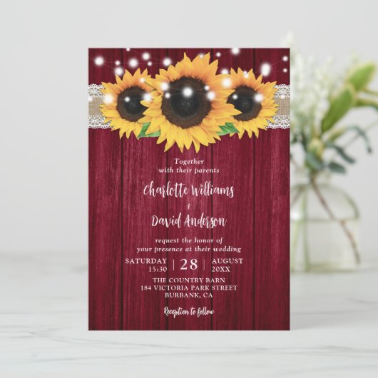 Invitation Bourgogne rustique et mariage de tournesol Invitat (Debout devant)