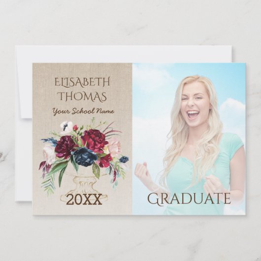 Invitation Bourgogne Rustique Fleurs Burlap Photo Graduation (Devant)