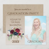 Invitation Bourgogne Rustique Fleurs Burlap Photo Graduation (Devant / Derrière)