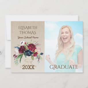 Invitation Bourgogne Rustique Fleurs Burlap Photo Graduation