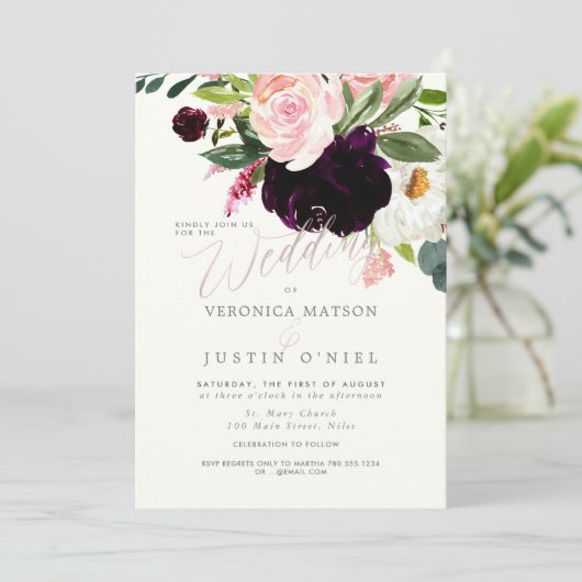 Invitation Bourgogne rustique+Fleurs d'aquarelle (Debout devant)