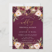 Invitation Bourgogne rustique+Fleurs d'aquarelle (Devant)
