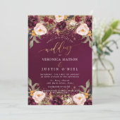 Invitation Bourgogne rustique+Fleurs d'aquarelle (Debout devant)