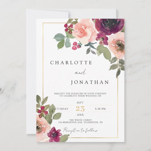 Invitation Bourgogne Rustique Floral Greenery Boho Mariage (Devant)