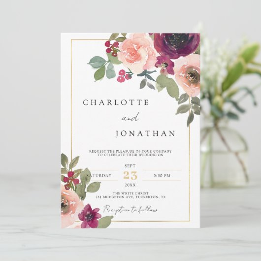 Invitation Bourgogne Rustique Floral Greenery Boho Mariage (Debout devant)