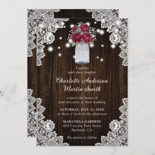 Invitation Bourgogne Rustique Grange Bois Lumières Mariage Fl (Devant / Derrière)