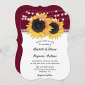 Invitation Bourgogne Sunflower Burlap Mariage campagnard dent (Devant / Derrière)