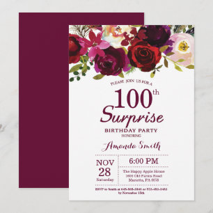 Invitation Bourgogne Surprise Floral 100e fête d'anniversaire
