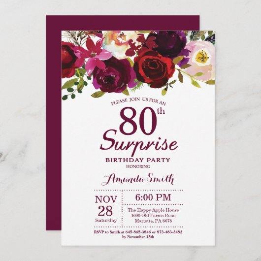 Invitation Bourgogne Surprise Floral 80e anniversaire (Devant / Derrière)