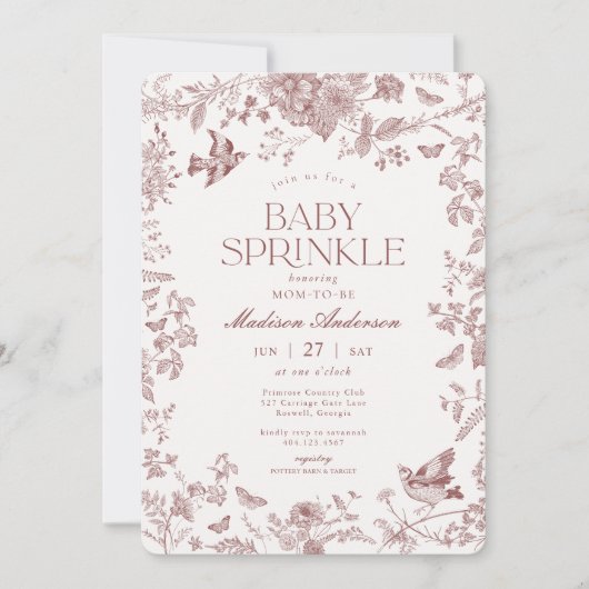 Invitation Bourgogne Toile De Jouy Floral Français Pour Bébé (Devant)