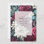 Invitation Bourgogne, vert forestier et Mariage floral au cha (Devant)