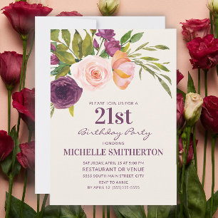 Invitation Bourgogne violet bleu rose floral 21e anniversaire