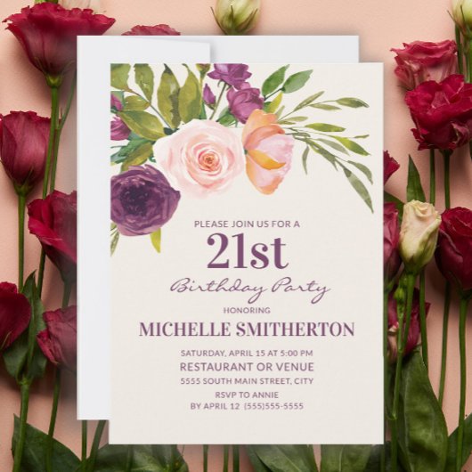 Invitation Bourgogne violet bleu rose floral 21e anniversaire