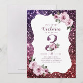 Invitation Bourgogne violet parties scintillant et fleurie 3è (Devant / Derrière)