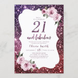 Invitation Bourgogne violet parties scintillant fleurie 21e a<br><div class="desc">Burgundy violet faux brillant parties scintillant arrière - plan et rose floral avec "21 et fabuleux" script au centre,  élégant et élégant,  grandes invitations de fête de 21e anniversaire. Papier fini semi-brillant sélectionné.</div>