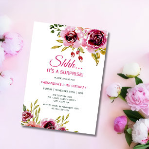 Invitation Bourgogne Violet Rose Floral Surprise Anniversaire