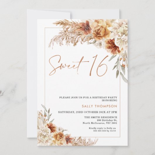 Invitation Bourré Orange Boho Pampas Grass 16e anniversaire (Devant)
