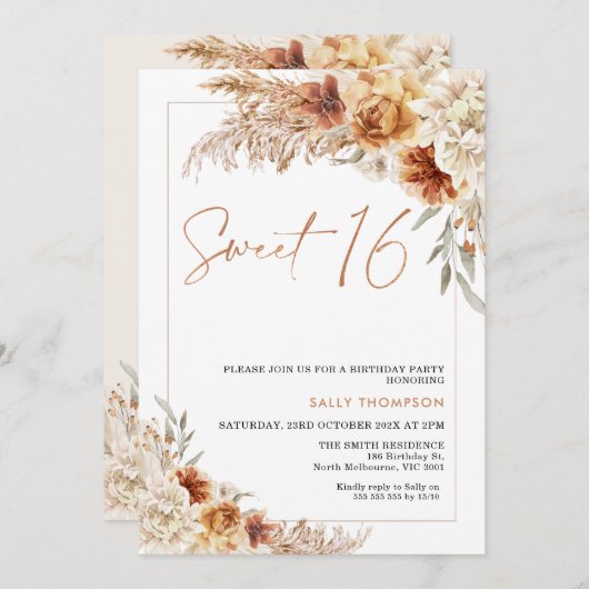Invitation Bourré Orange Boho Pampas Grass 16e anniversaire (Devant / Derrière)
