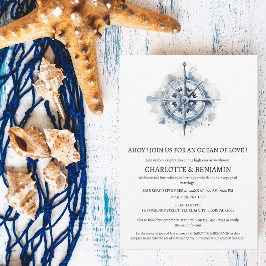 Invitation Boussole de navigation rustique pour la plage coup