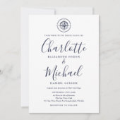 Invitation Boussole marine Mariage de script bleu marine (Devant)