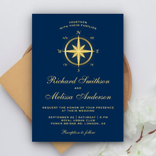 Invitation Boussole Nautique Élégante Bleue et Or Mariage