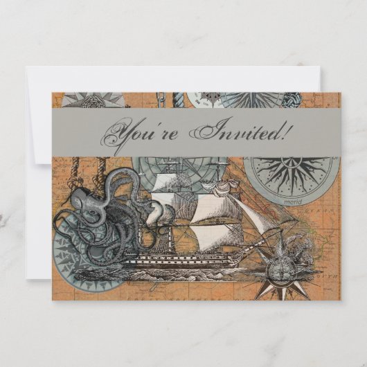 Invitation Boussole Rose Vintage Nautique Octopus Ship (Devant)