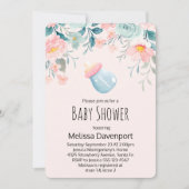 Invitation Bouteille Bébé Bleu & Rose avec Baby shower Fleurs (Devant)