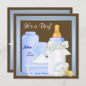 Invitation Bouteille bleue Brown Pacifier Baby Boy Douche (Devant / Derrière)