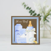 Invitation Bouteille bleue Brown Pacifier Baby Boy Douche (Debout devant)