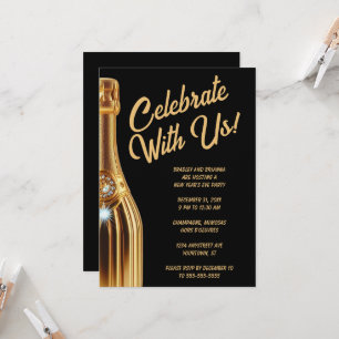 Invitation Bouteille de Champagne dorée sur un réveillon de N