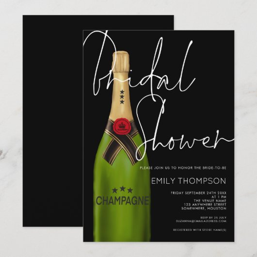 Invitation Bouteille de champagne Fête des mariées noire à sc (Devant / Derrière)