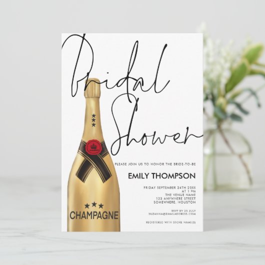 Invitation Bouteille de Champagne Script Fête des mariées d'o (Debout devant)