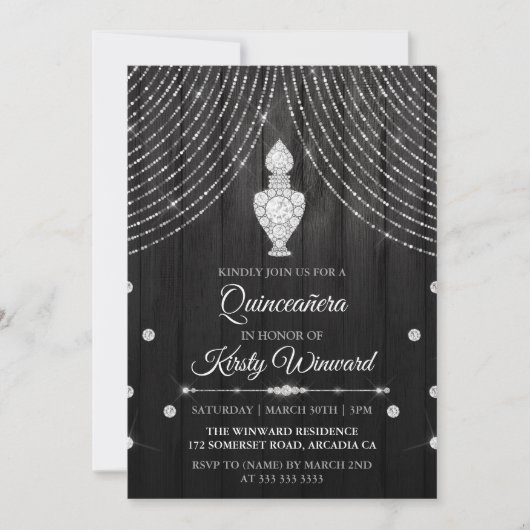 Invitation Bouteille de parfum Diamant Noir Argent Quinceaner (Devant)
