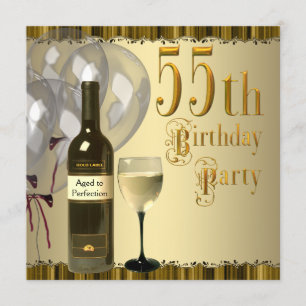 Invitation Bouteille de verre à vin or 55e fête d'anniversair