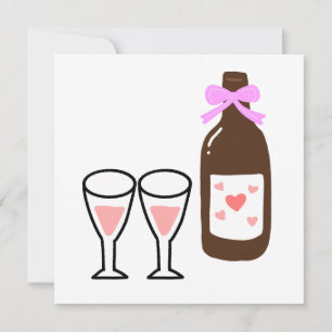 Invitation Bouteille de vin avec ruban rose et verres
