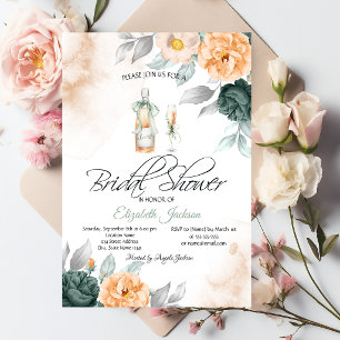 Invitation Bouteille de Vin Verre Chic Roses Verts Points