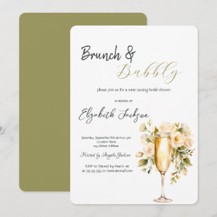 Invitation Bouteille de vin Verre Fleur Verte Brunch et Bulle