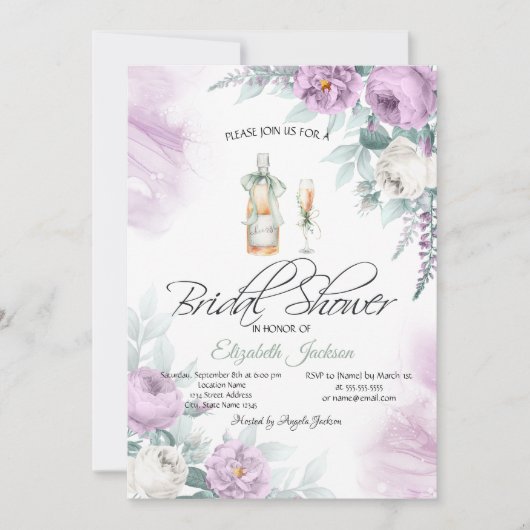 Invitation Bouteille de Vin Verre Roses Violettes Points (Devant)