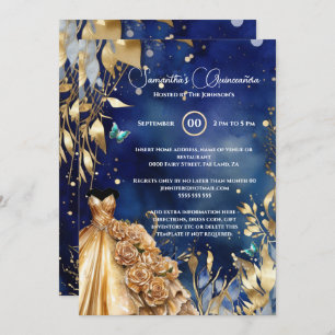 Invitation Bouteille en or de la marine Quinceañera fleurs de