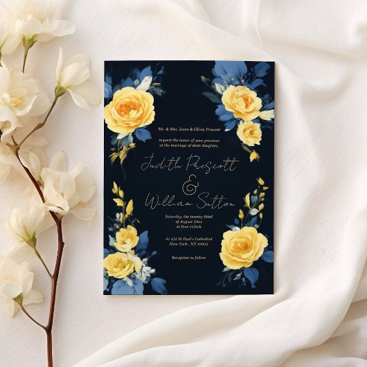 Invitation Bouteille jaune marine bleu boho Mariage floral