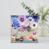 Invitation BOUTEILLE, ROSES, FLEURS, CUPCAKES Baby shower Ble (Debout devant)