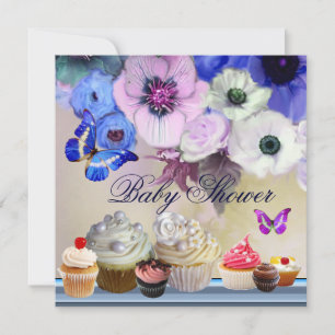 Invitation BOUTEILLE, ROSES, FLEURS, CUPCAKES Baby shower Ble