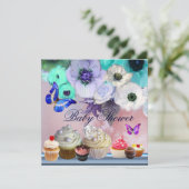 Invitation BOUTEILLE, ROSES, FLEURS, CUPCAKES Baby shower Ble (Debout devant)