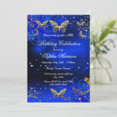 Invitation Bouteille Royal Blue Gold Butterfly fête d'anniver (Debout devant)