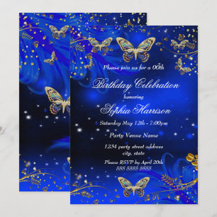 Invitation Bouteille Royal Blue Gold Butterfly fête d'anniver
